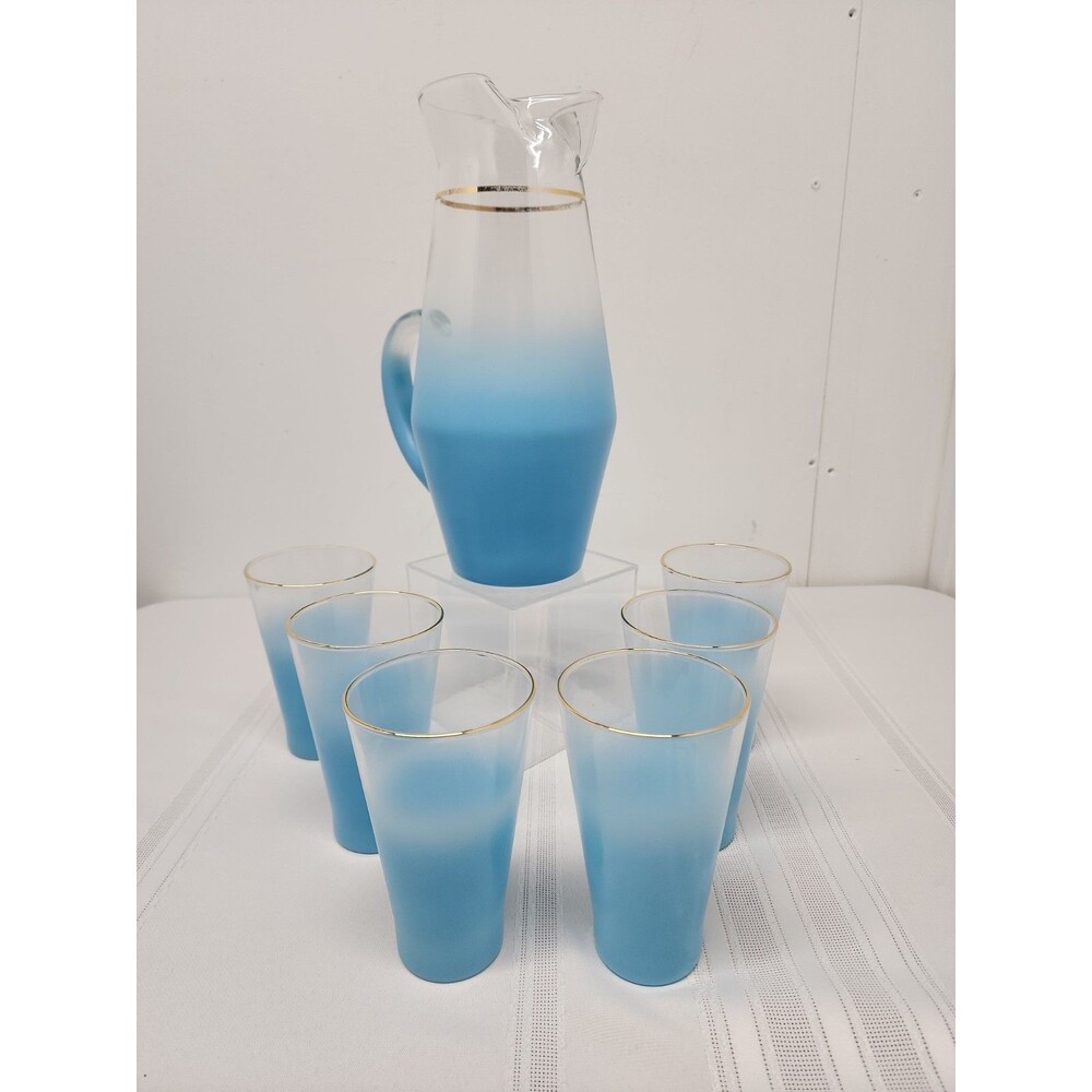 MCM Blendo Pitcher & 6 Tumblers Aqua Ombre  Gold Rim  West Virginia Glass 1950's